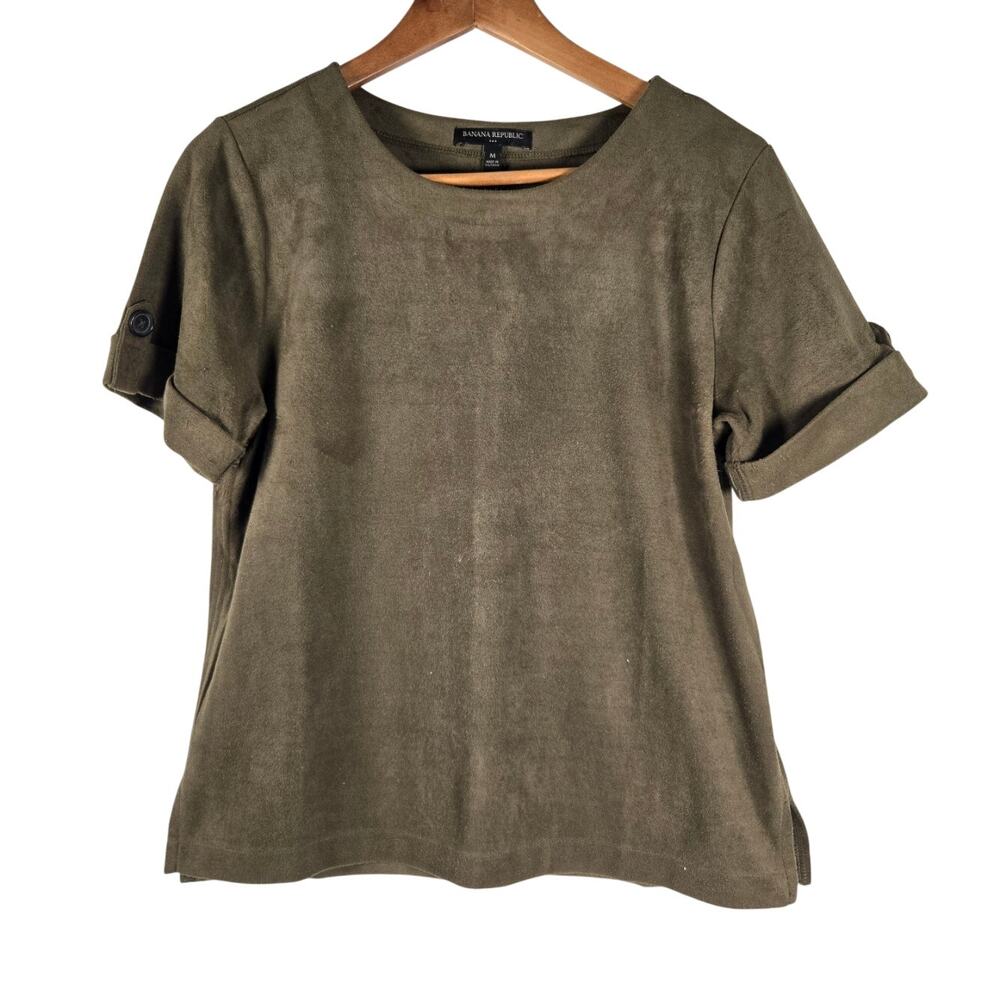 Banana Republic Minimalist Vegan Luxe Faux Suede Olive Short Sleeve Top Size M